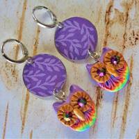 Purple and Brown Boho Owl Tin Earrings (8730)