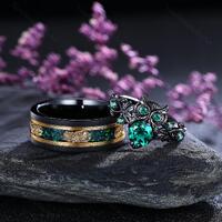 Gothic Emerald Wedding Ring Set Unique Owl Design Wedding Ring Leaf Engagement Ring Men Tungsten Rin