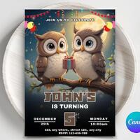 Editable owl birthday invitation-woodland party invite-owl first birthday-instant download