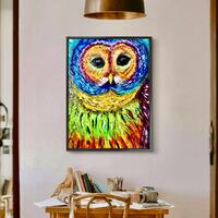 Rainbow Owl Oil Painting: Impasto Wildlife Art, Colorful Home Decor (30x40 cm)
