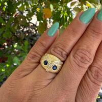 Sapphire Owl Ring: Golden Brass Cubic Zirconia Ring, US Size 6 1/2