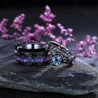 Vintage Alexandrite Wedding Ring Set Owl Ring Gothic Black Gold Engagement Ring Blue Tungsten Band N