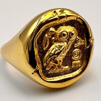 Owl of Athena Nike Goddess Minerva ancient coin copy Signet Ring Gold Plated sterling silver