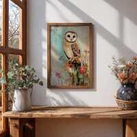 Barn Owl Wall Art Tyto Alba Framed Canvas Textured Wildlife Farmhouse Rustic Home Decor