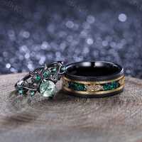 Moss Agate Couple Ring His&Her Matching Wedding Band Unique Gothic Owl Branch Design Emerald Rin