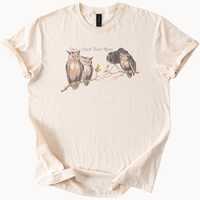 Funny owl photography graphic shirt with illustrated owls on branch one using camera and phrase owl 