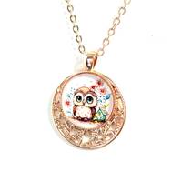 Rose Gold Owl Pendant, Baby Owl Cabochon Necklace, Gift for Her
