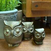 Vintage hollow brass Owl figures, set of 3 in varying sizes.