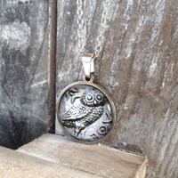 Owl pendant, ancient coin's image jewelry, greek goddess, art student gift, stainless steel bird