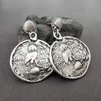 Ancient Athenian Owl Coin Earrings: Sterling Silver Plated, Oxidized Finish Round Drop Earrings