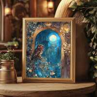The Owl of Athena Museum Quality Matte Print Fantasy Owl Wall Art Tiffany Blue Gold Botanical Owl Ar