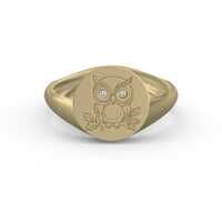 14K or 18K Solid Gold Owl Signet Ring with Lab Diamond Eyes &ndash; Custom Gold Color &ndash; Animal