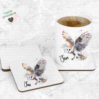 Personalised Owl Mug, Country Kitchen Mug & Coaster Set, Ceramic Coffee Cup With Name
