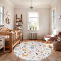 Woodland Animal Playroom Circle Carpet-Fox Owl Bear Flower-Kids Room Rug-Cute Nursery Decor-Washable