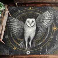 Watcher of the Spheres Rug, Mystical Barn Owl Chenille Area Rug with Alchemy Chart, Celestial Boho D