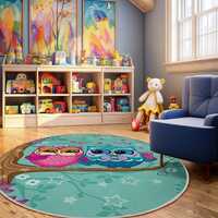 Colorful Owl Tree Kids Room Round Rug-Heart Stars Branch Circle Carpet-Nursery Anti-slip Mat-Cute Ow