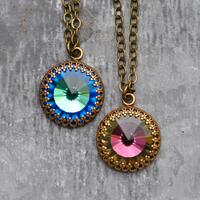 Bermuda Blue Ochre Ruby Pendant Necklace, Owl Eye Necklace, Rainbow Swarovski Necklace, Crown Victor