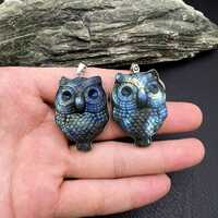 Handcrafted Labradorite Owl Pendant: Gemstone Crystal, 40mm