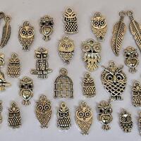 Mixed owl charms / bulk owl charms / silver owl and feather charms / owl charms for crafting or jewe
