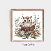 Owl Reading Book Print: Botanical Nursery Wall Art (Digital Download)