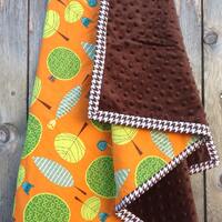 Modern baby blanket - Baby boy owl blanket - Orange trees and owls baby blanket - brown minky baby b