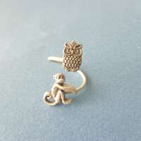 Monkey ring with an owl, adjustable ring, animal ring, silver ring, statement ring