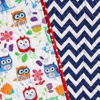 SALE LAST ONE Owl Quilt, Blue Chevron Blanket, Primary Colors, Red Blue Green Orange, Nursery Beddin