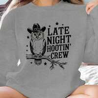 Vintage Owl Graphic Sweatshirt, Late Night Hootin Crew Shirt, Funny Owl Lover Gift, Trendy Animal Pr