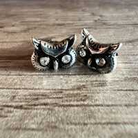 Tiny Vintage Owl Stud Earrings Antiqued Silver Tone with Rhinestone Eyes Whimsical Woodland Retro