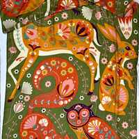Powder wrap scarf woodland animals deer owl squirrel green orange purple folk art Animal Scarf &ndas