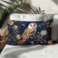 Barn Owl Lumbar Pillow Cover On Blue Floral Cotton Linen, Rectangular Cushion With Hidden Zipper, Na