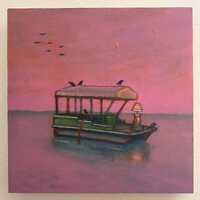 Owl Lamp on a Pontoon Boat with a Bunch of Crows at Sunrise ORIGINAL acrylic painting on cradled bir