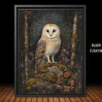 White Owl Dark Cottagecore Print, William Morris Style Framed Wall Art, Canvas, 24x36 20x30,  Whimsi