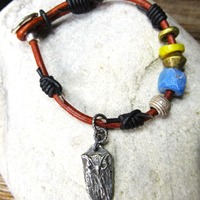 Antique trade bead bracelet with Owl totem, casual jewelry, vacation jewelry, talisman bracelet, Tri
