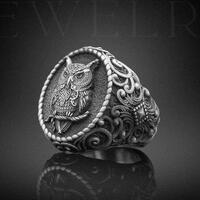 Handmade Owl Signet Silver Ring, Classic Cool Birds of Prey Ring, Engraved Animal Silver Men Ring, P