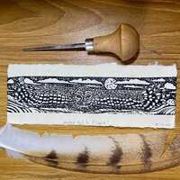 Barred Owl in flight mini Lino cut print on handmade Lokta paper