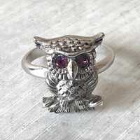 Sarah Coventry NOCTURNE 1974 Owl Ring, Vintage 70s Silver Tone Adjustable Fashion Costume Jewelry Ri