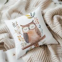 Owl Square Pillow, Woodland Nursery Decor, Modern Owl Throw Pillow, Cute Owl Cushion, Kids Room Pill