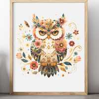 Cross Stitch Pattern Counted Owl Flowers Boho Nature Woodland Chart~ PDF Digital Download ~ Embroide
