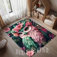 Floral Owl Kids Rug, Non-Slip Cotton Base