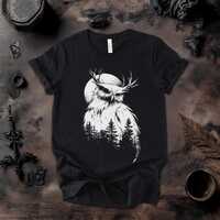Gothic Antlered Owl T-Shirt: Dark Forest Moon Graphic Tee