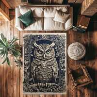 Owl figured rug, Rustic Owl Area Rug for Living Room, Forest Animal Carpet with Vintage Botanical Ar