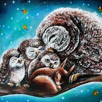Squirrel and Owls original canvas painting, Woodland animals, Enchanted forest, Owl wall art, Fairy