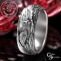 Sterling Barn Owl Ring, Silver Owl Wedding Ring, Hoot Owl Ring, Tree Bark Ring, Night Owl Jewelry, W