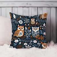 Owls Scandinavian Throw Pillow Soft Cushion Cover 'Owl Garden' Scandinavian Animals Square D