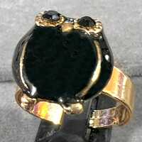 Charming Vintage Black Owl Gold Ring - Adjustable Size 7 1/2 (Item #6664)