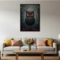 Stylized Owl Poster, Geometric Forest Animal Wall Art Print, Dark Forest Illustration Wall Art, Mood