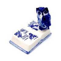 Miniature Ceramic Owl on Book Bird Animal Cute Little White Blue Figurine Small Statue Tiny Decorati