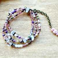 Pink Beaded Wrap Bracelet: Antique Brass Owl Charm, Boho Jewelry