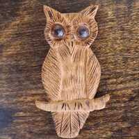 1970s Hand Carved Wood Owl Pin Brooch